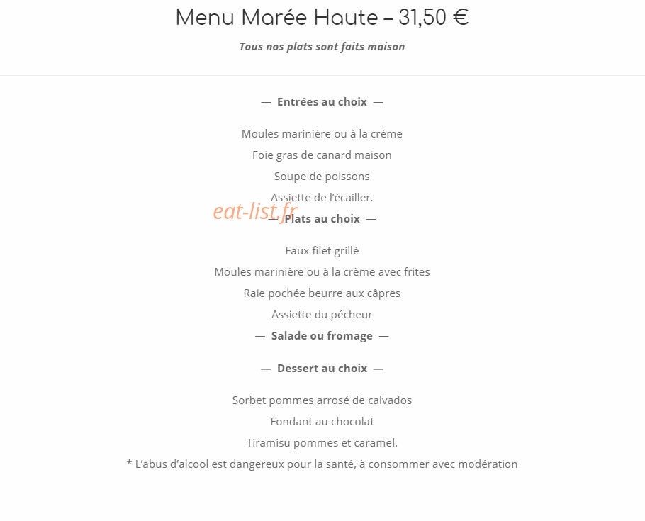 Carte et menu de La Marine à Trouville sur Mer — Menu marée haute