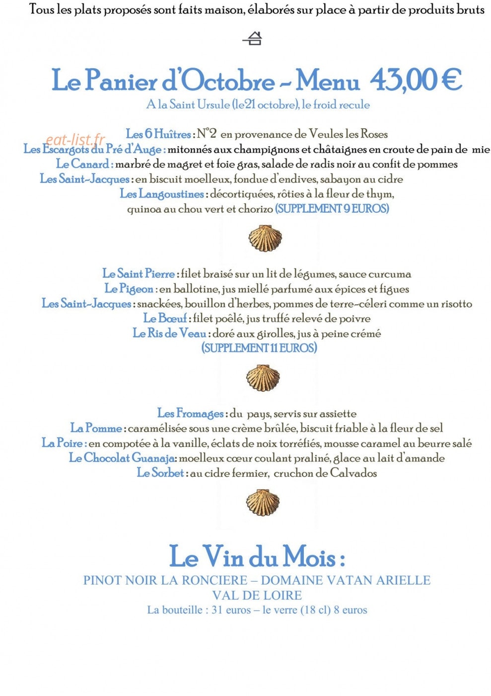 Carte et menu de La Petite Auberge à Trouville sur Mer — Menu à 43€