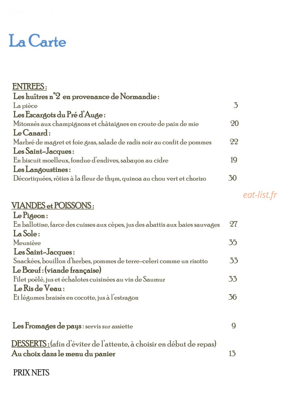 Carte et menu de La Petite Auberge à Trouville sur Mer — Entrées, viandes, poissons,...