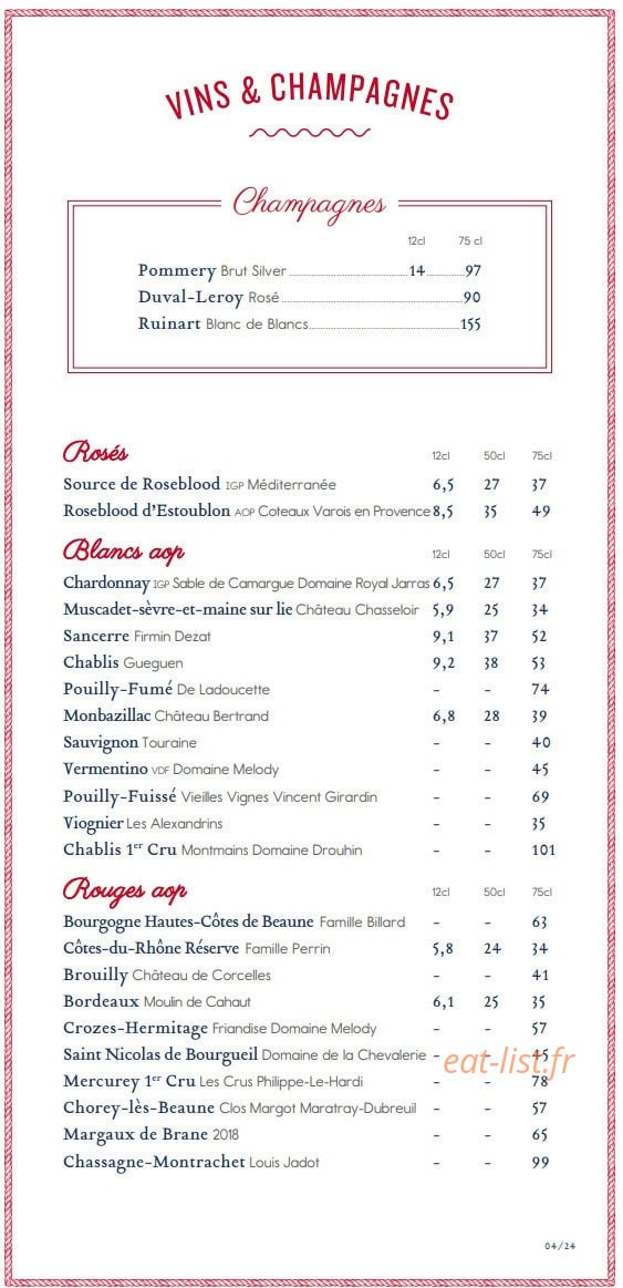 Carte et menu de Le Petit Central à Trouville sur Mer — Les vins et champagnes