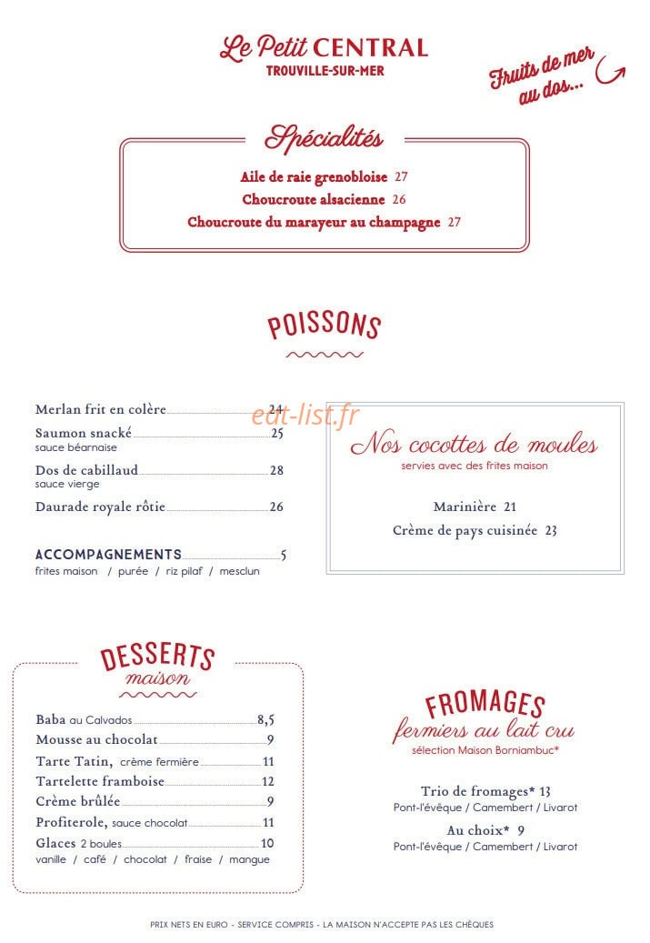 Carte et menu de Le Petit Central à Trouville sur Mer — Les poissons, desserts et fromages