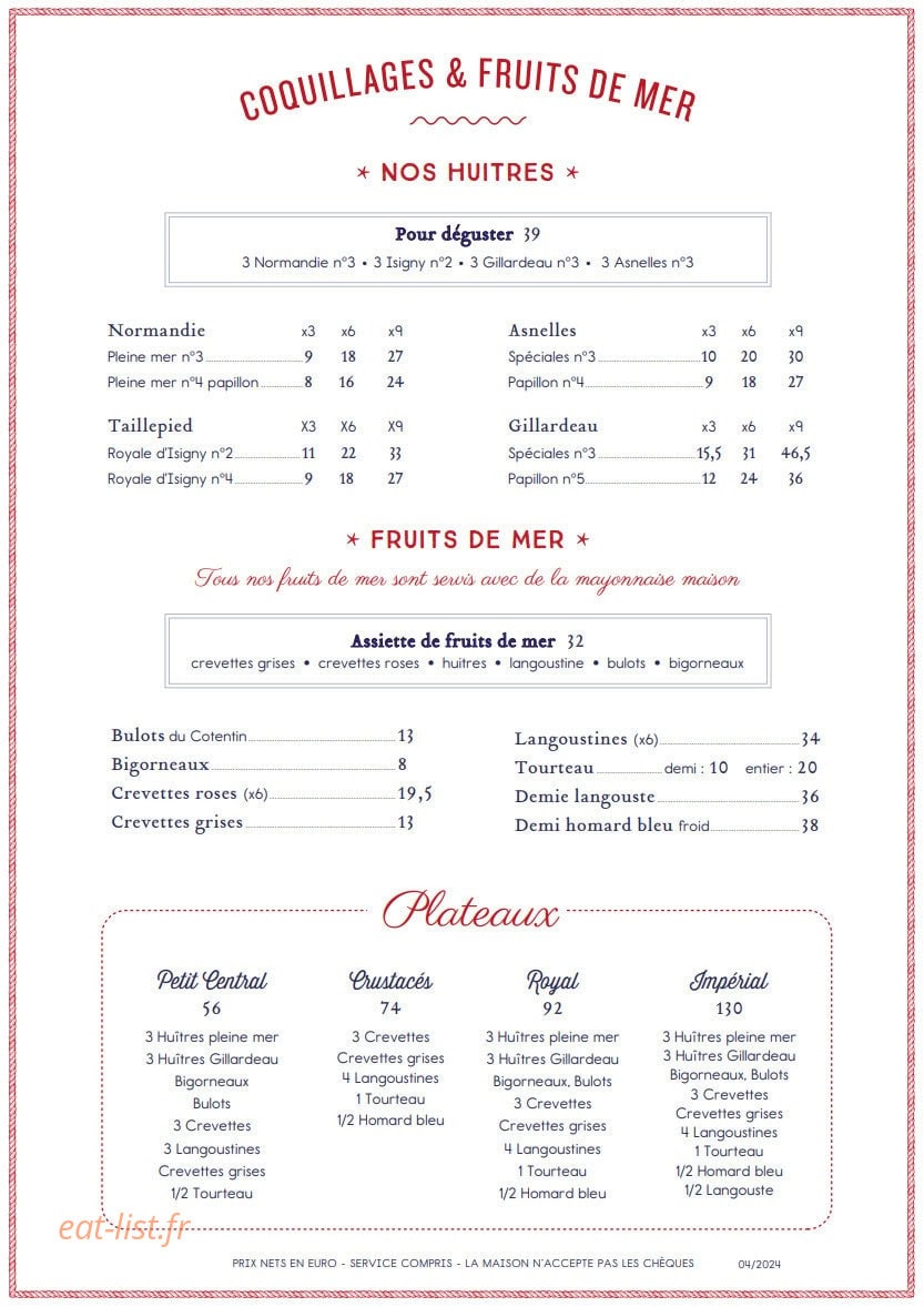 Carte et menu de Le Petit Central à Trouville sur Mer — Les huitres et fruits de mer