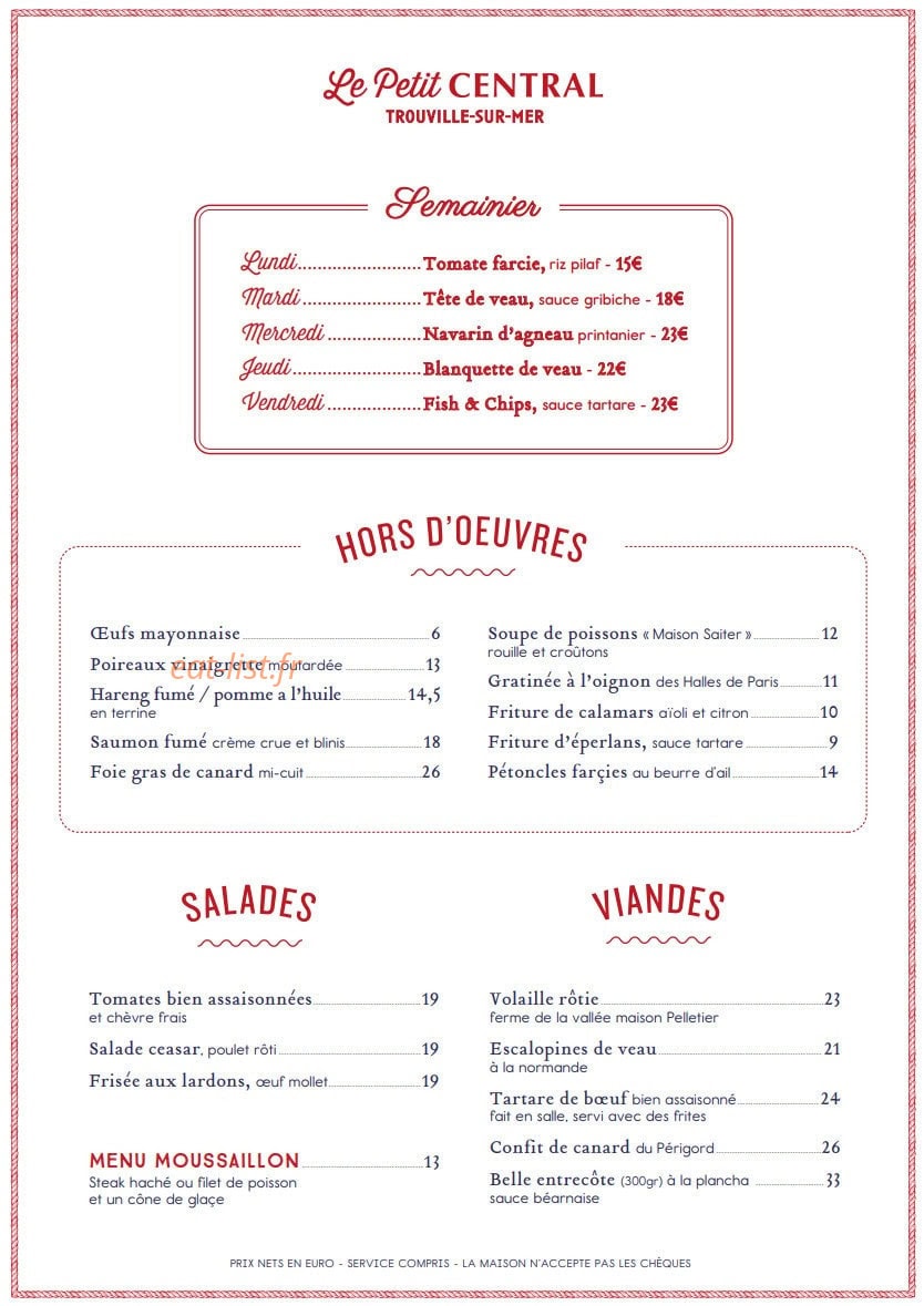 Carte et menu de Le Petit Central à Trouville sur Mer — Les hors d'œuvres, salades et viandes