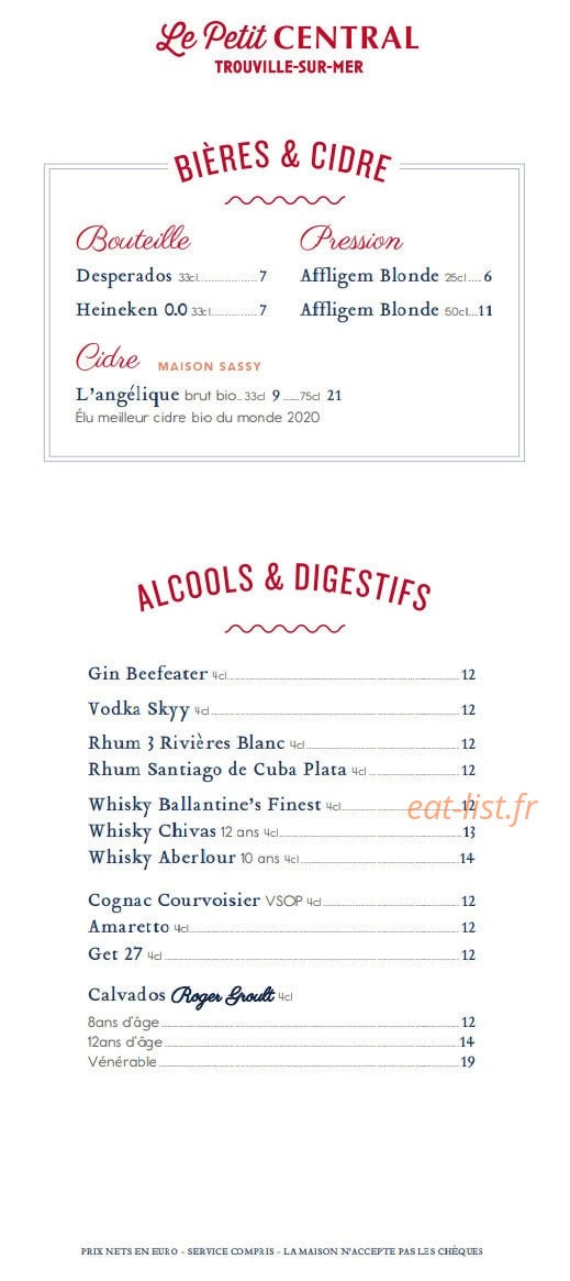 Carte et menu de Le Petit Central à Trouville sur Mer — Les bières, cidres et alcools, ...