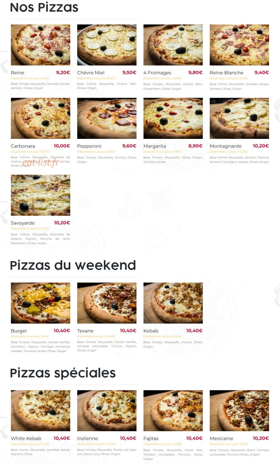 Carte et menu de Pizza Noché à Méry-Bissières-en-Auge — Les pizzas