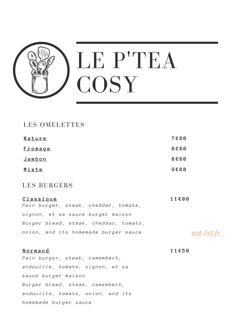 Le P'tea Cosy — carte page 1