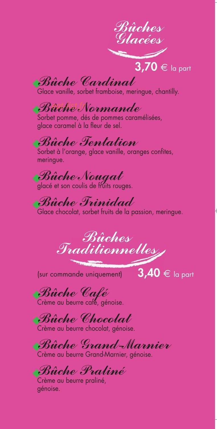 Carte et menu de Patisserie ordioni à Bayeux — Les bûches glacées et bûches traditionnelles