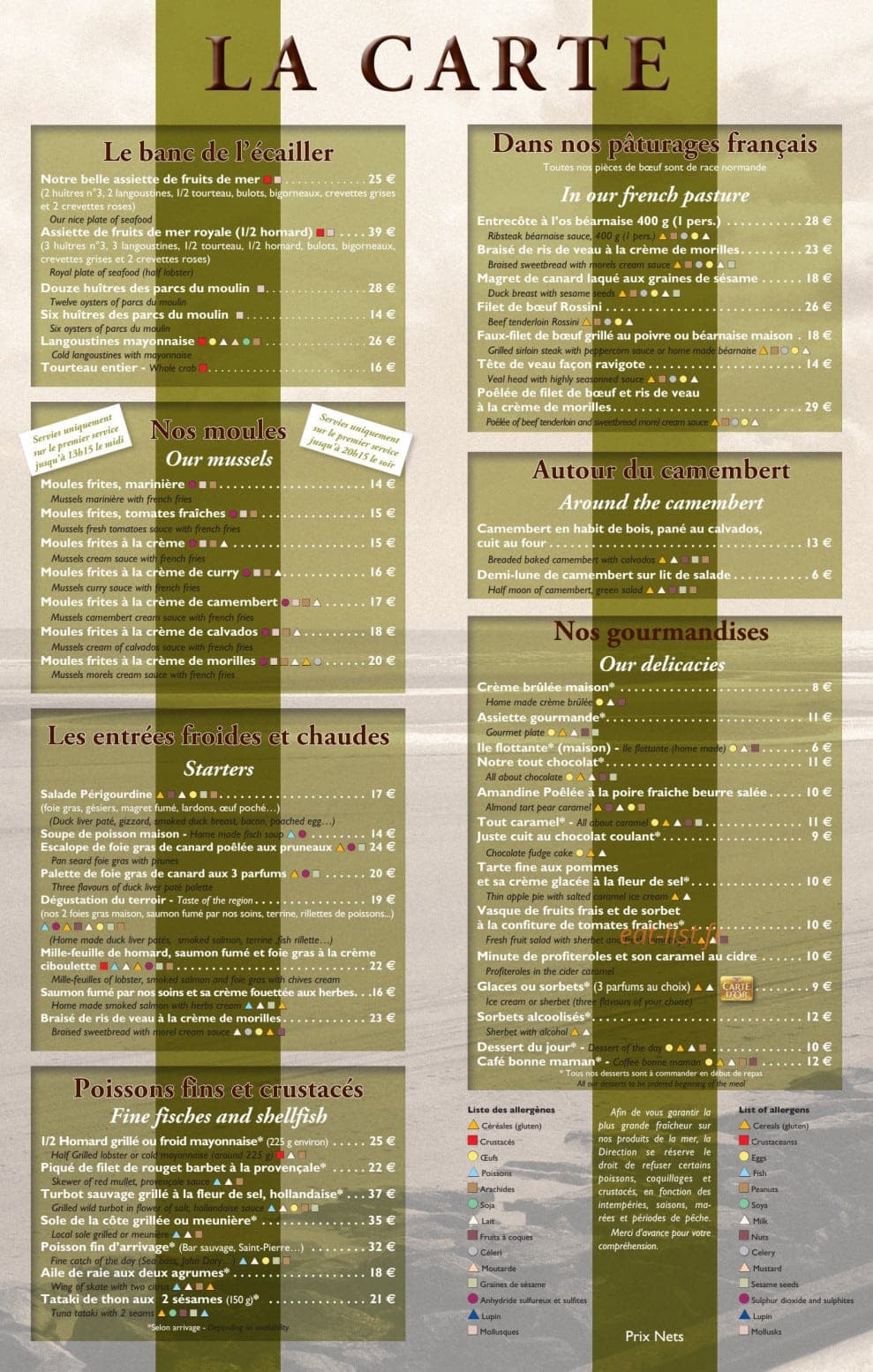 Carte et menu de La Pecherie à Courseulles sur Mer — moules, entrées, poissons....