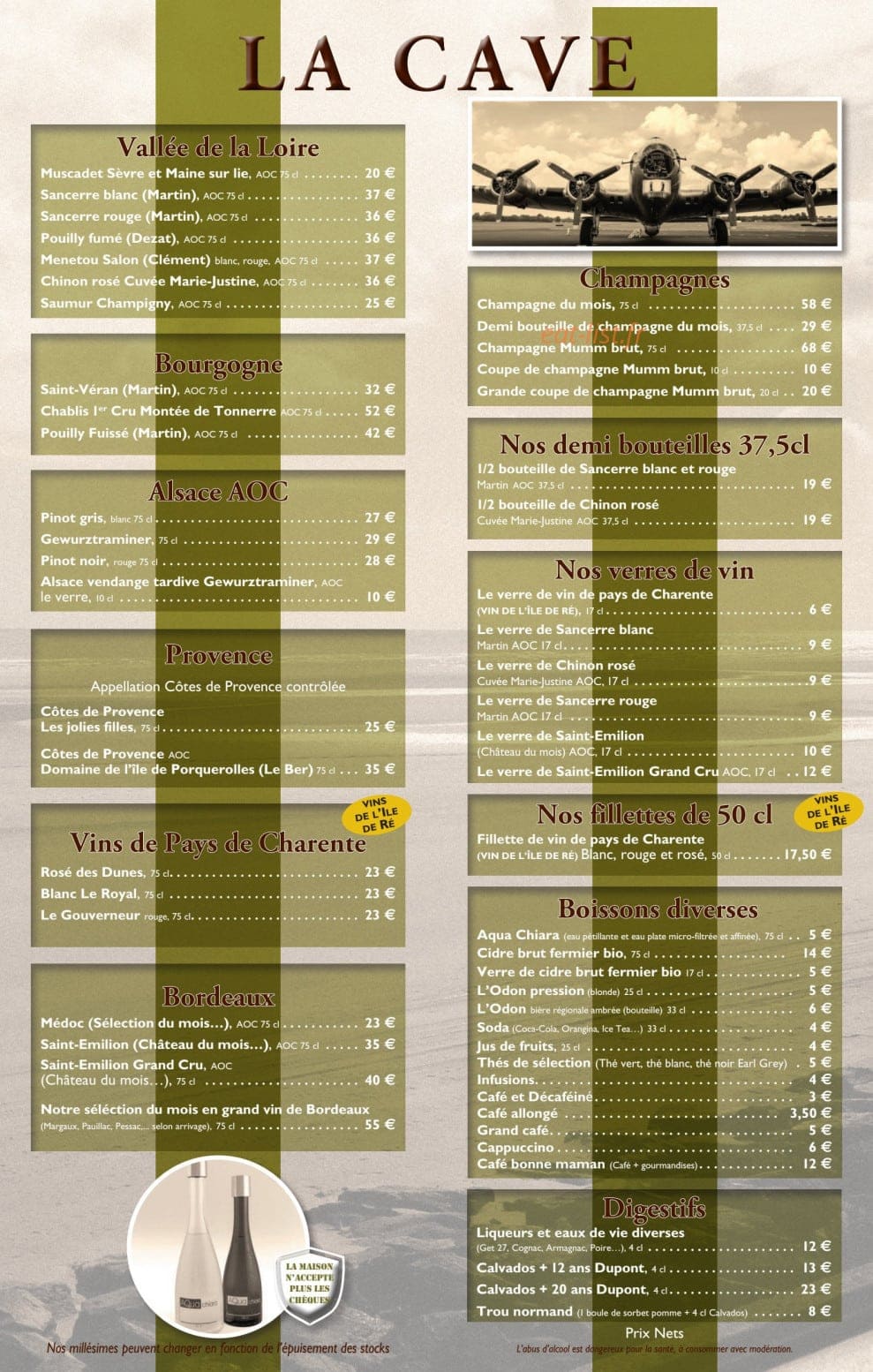 Carte et menu de La Pecherie à Courseulles sur Mer — vins, champagnes, boissons..