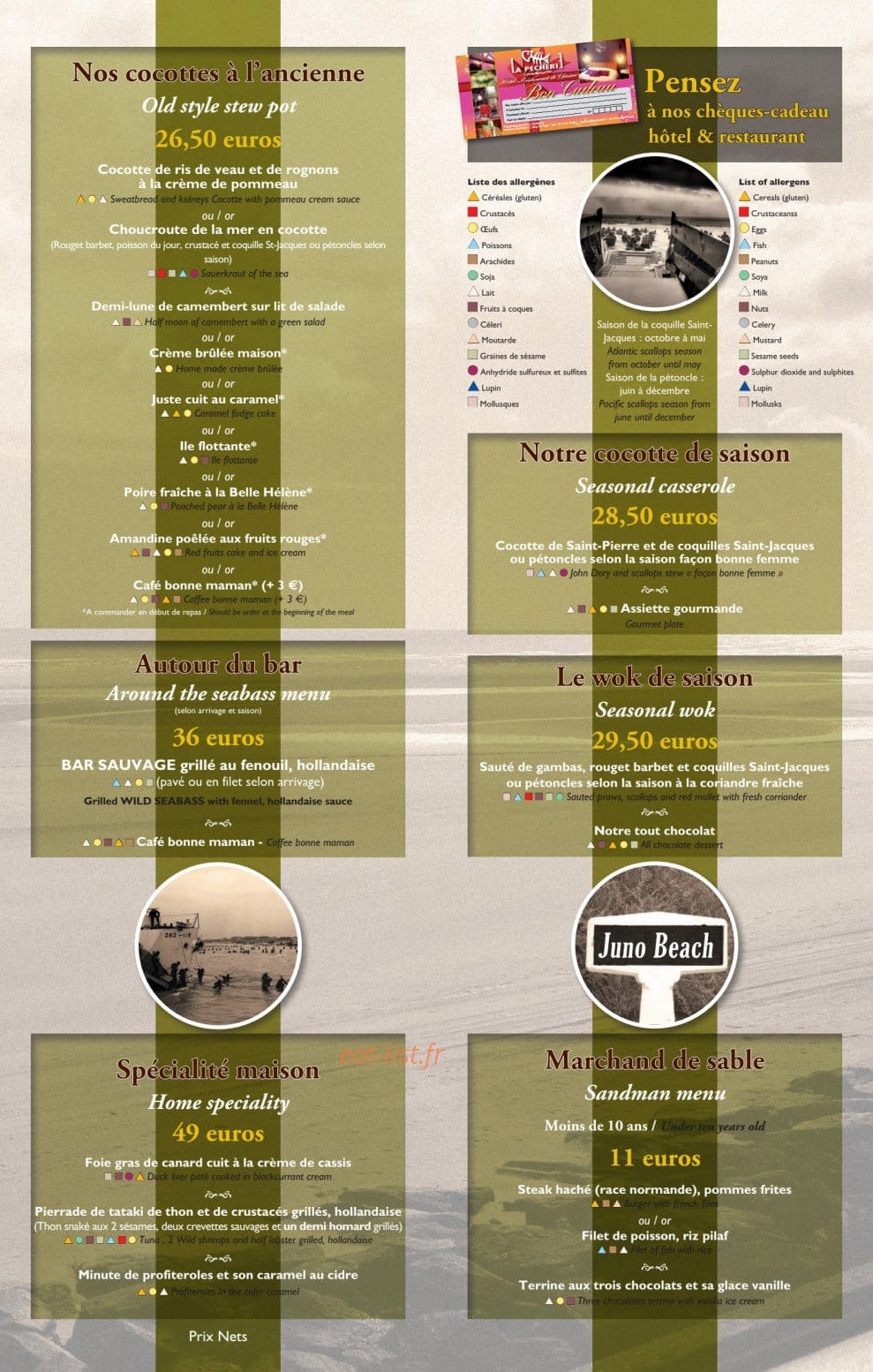 Carte et menu de La Pecherie à Courseulles sur Mer — cocotte à l'ancienne, spécialité, marchand de sable...