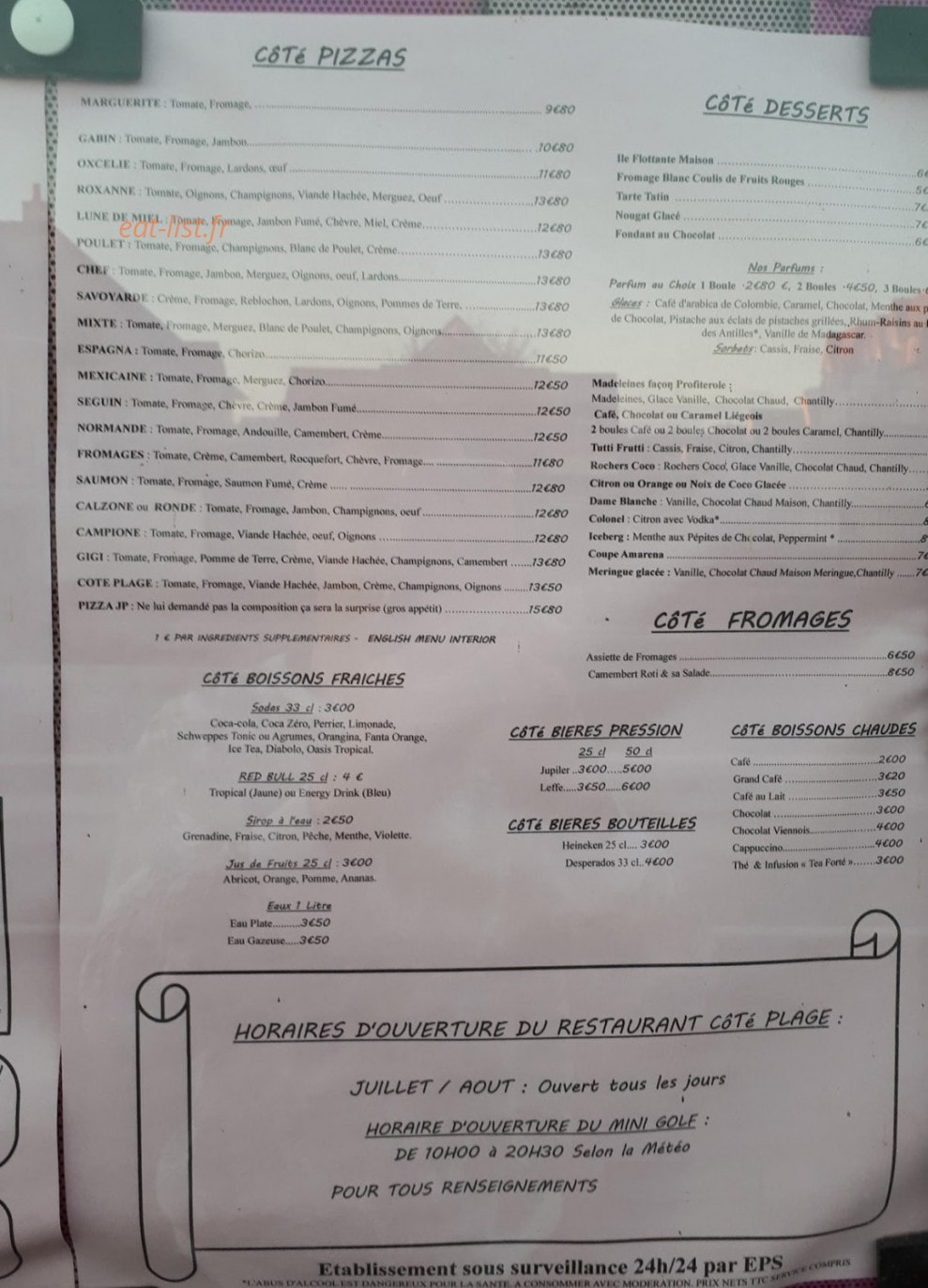 Restaurant Cote Plage — carte page 1