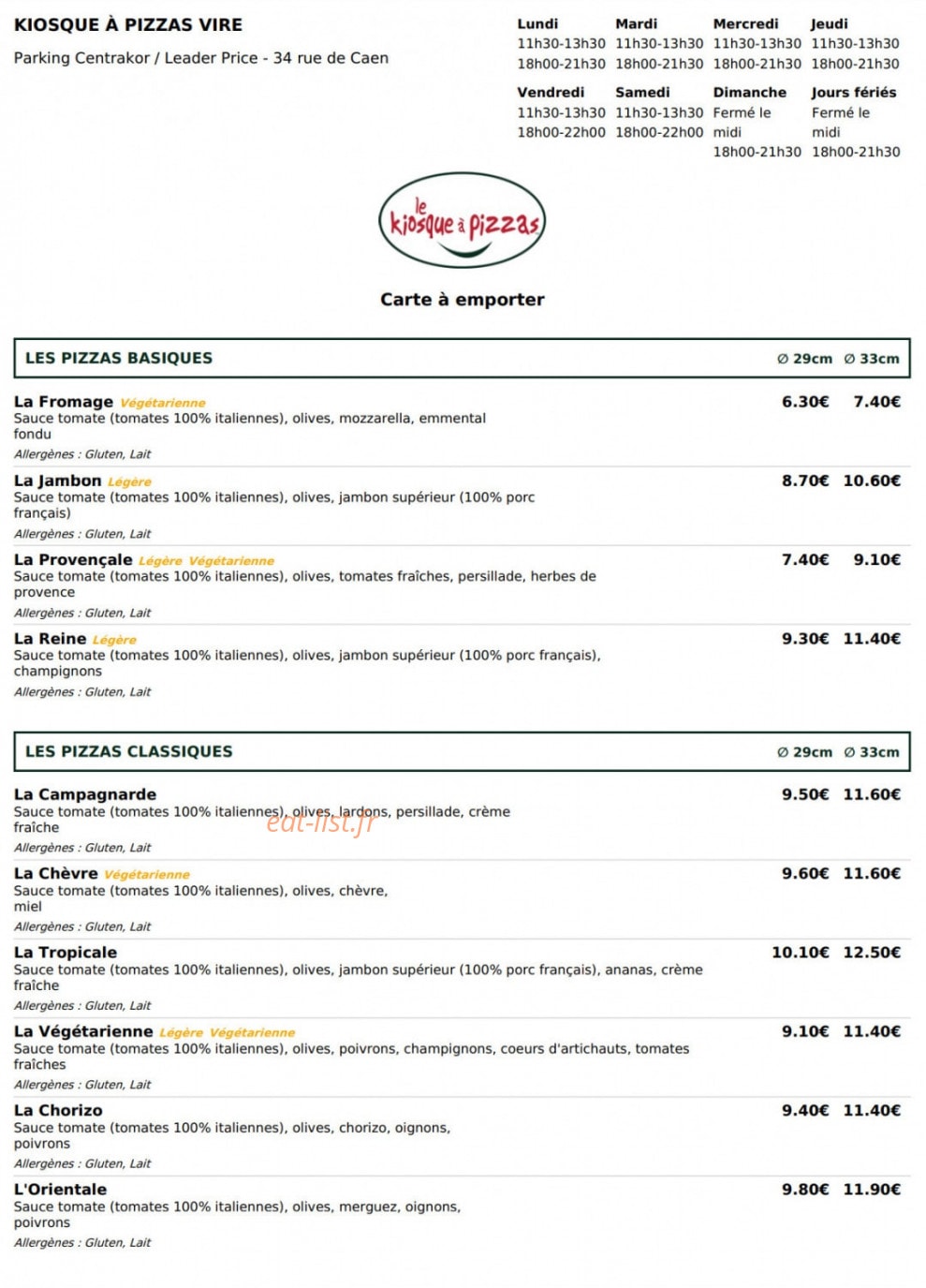 Le Kiosque à Pizzas — carte page 1