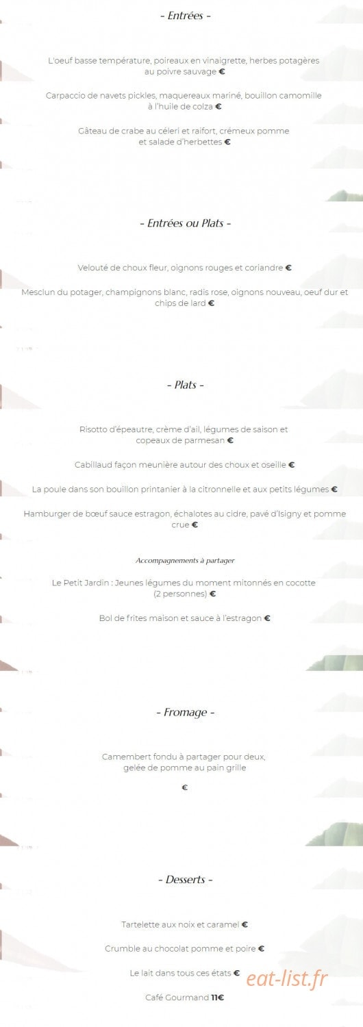 Carte et menu de Le petit jardin à Port en Bessin Huppain — Le menu