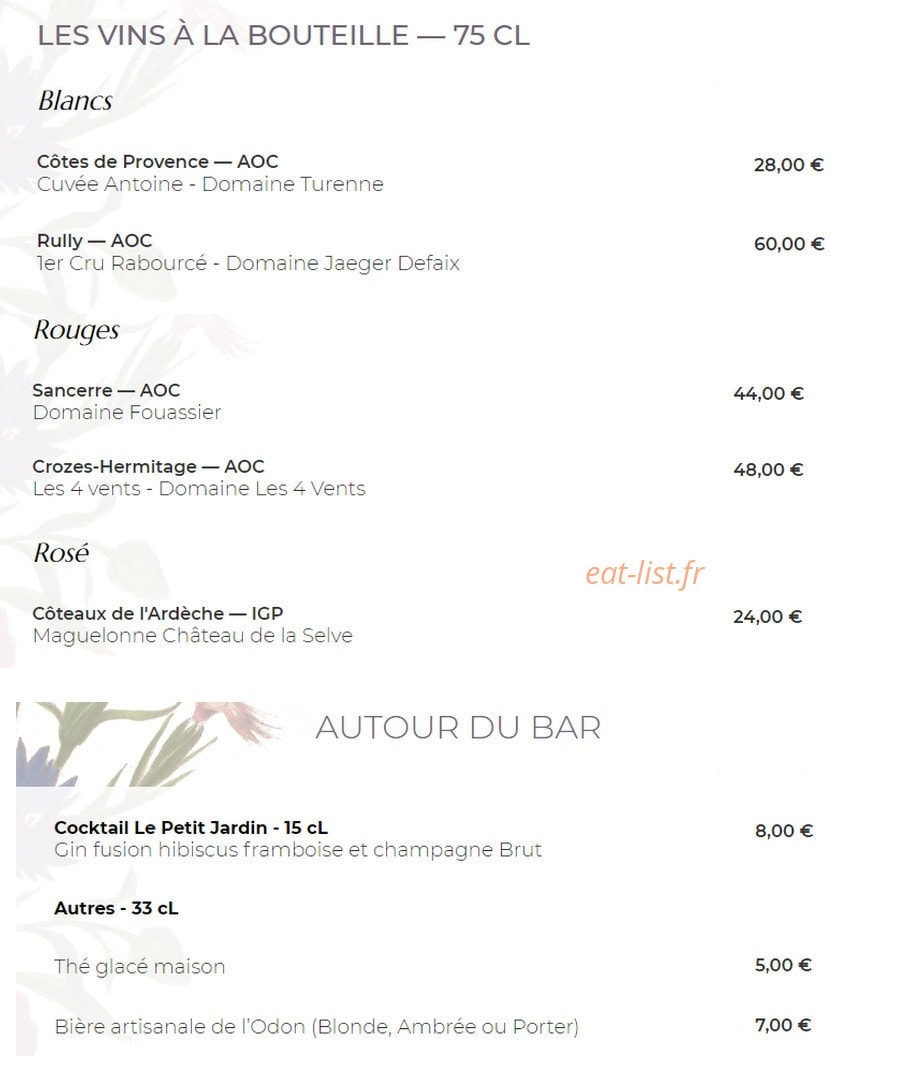 Carte et menu de Le petit jardin à Port en Bessin Huppain — les vins et cocktails