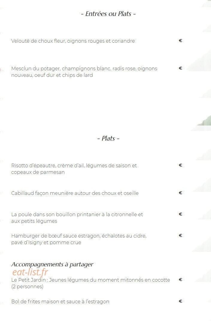 Carte et menu de Le petit jardin à Port en Bessin Huppain — les entrées et plats