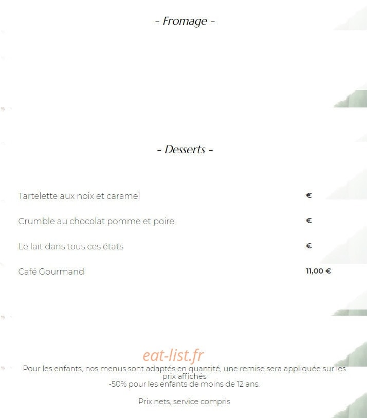 Carte et menu de Le petit jardin à Port en Bessin Huppain — les fromages et desserts