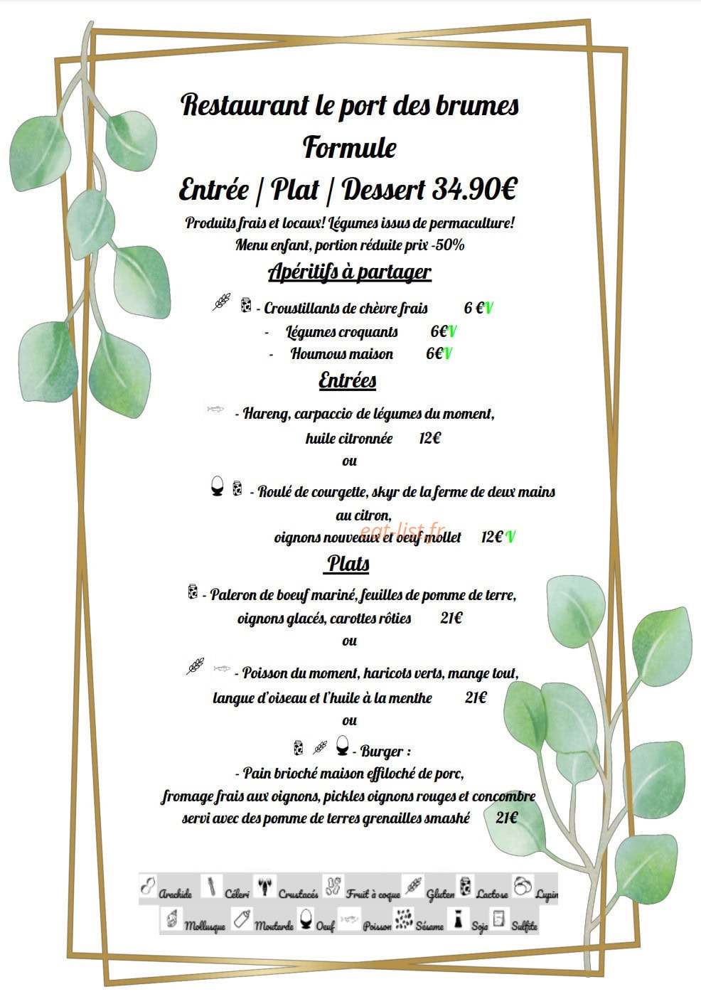 Carte et menu de Le Port Des Brumes à Port en Bessin Huppain — Les formules