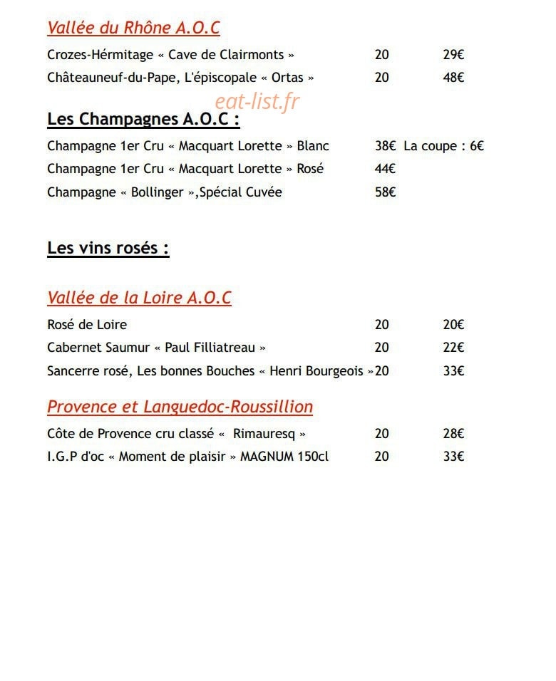Carte et menu de Restaurant Fleur de Sel à Port en Bessin Huppain — Les champagnes, vins rosés