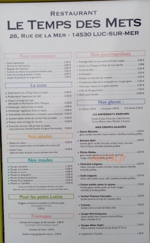 Le Temps des Mets — carte page 1