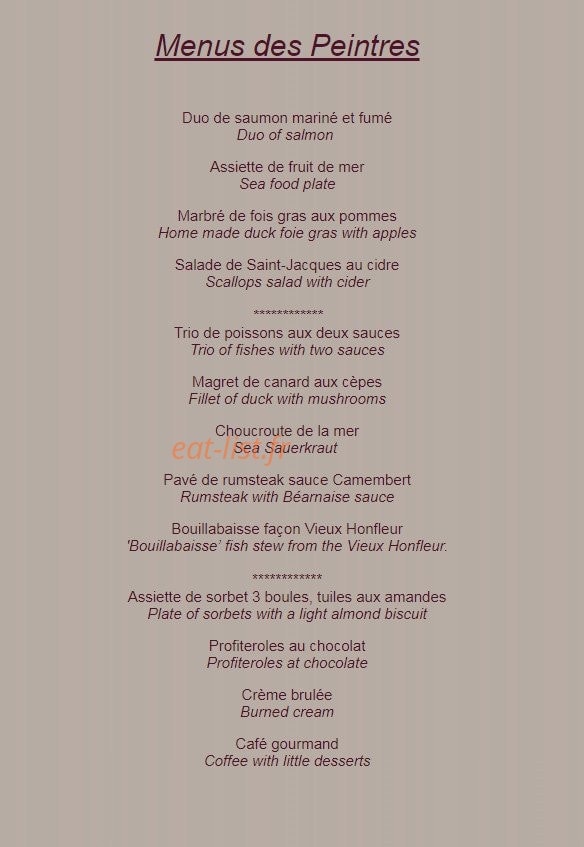 Carte et menu de Au vieux Honfleur à Honfleur — Le menu des Peintres