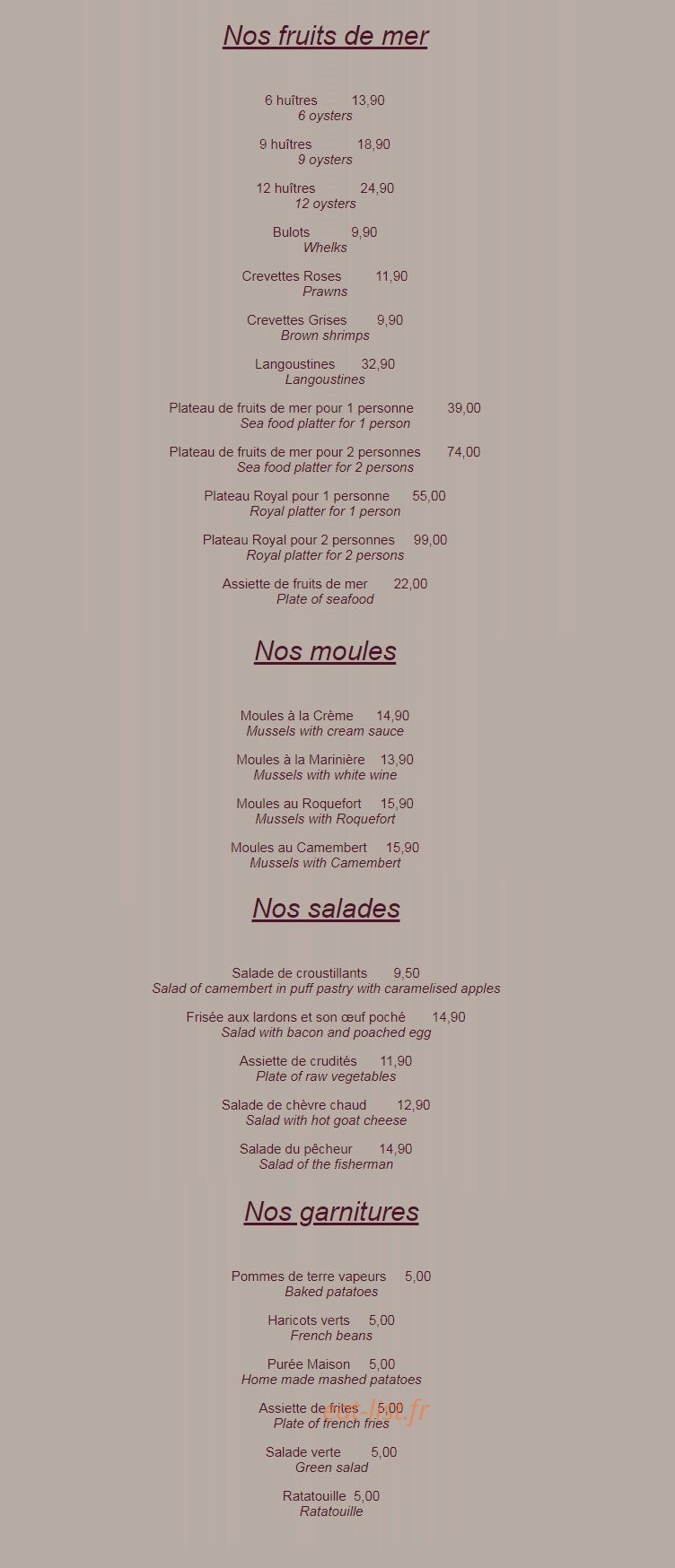 Carte et menu de Au vieux Honfleur à Honfleur — Les fruits de mer, moules, salades et garnitures
