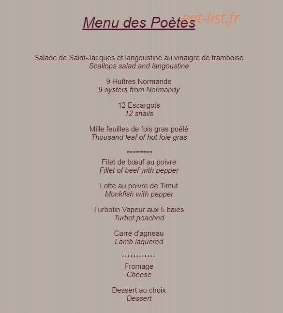 Carte et menu de Au vieux Honfleur à Honfleur — Le menu des Poètes
