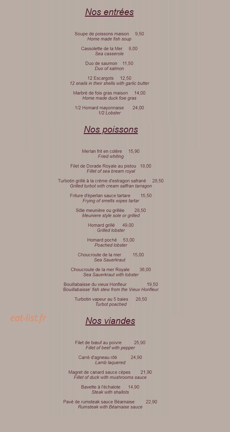 Carte et menu de Au vieux Honfleur à Honfleur — Les entrées, poissons et viandes