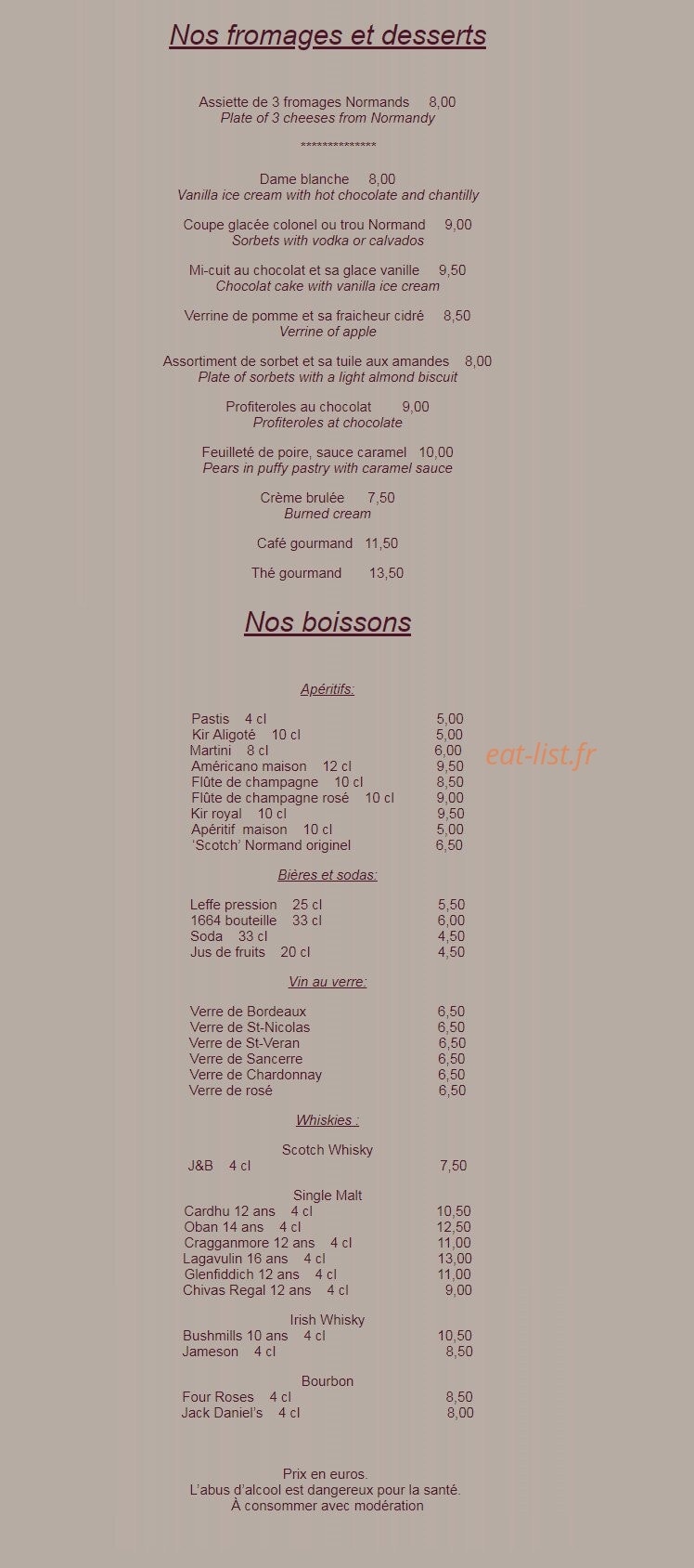 Carte et menu de Au vieux Honfleur à Honfleur — Les fromages, desserts et boissons