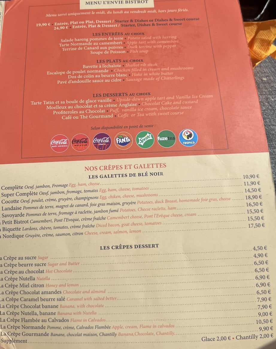 L’Envie Bistrot — carte page 1