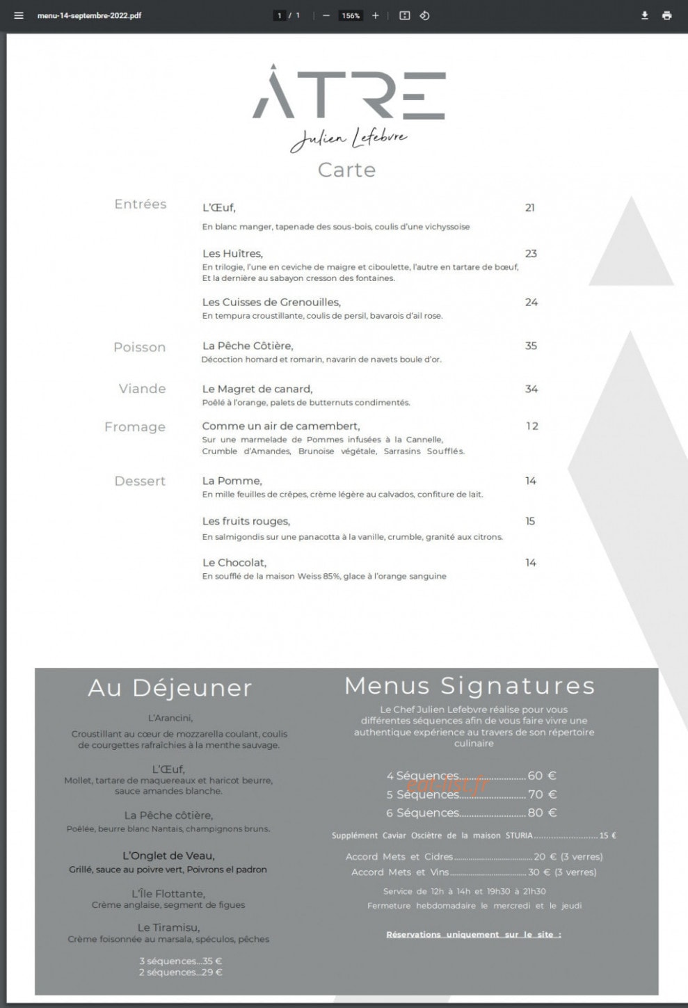 Restaurant l’Âtre — carte page 1