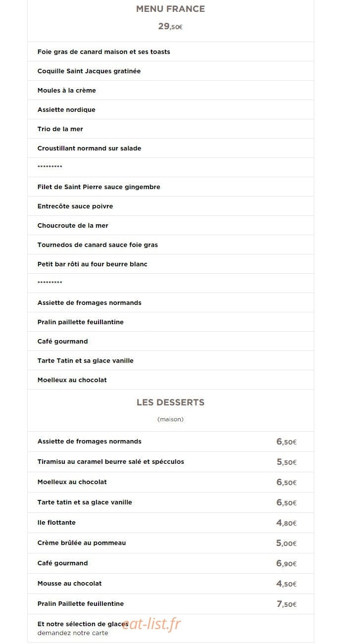 Carte et menu de Café de France à Villers sur Mer — Le menu france et desserts
