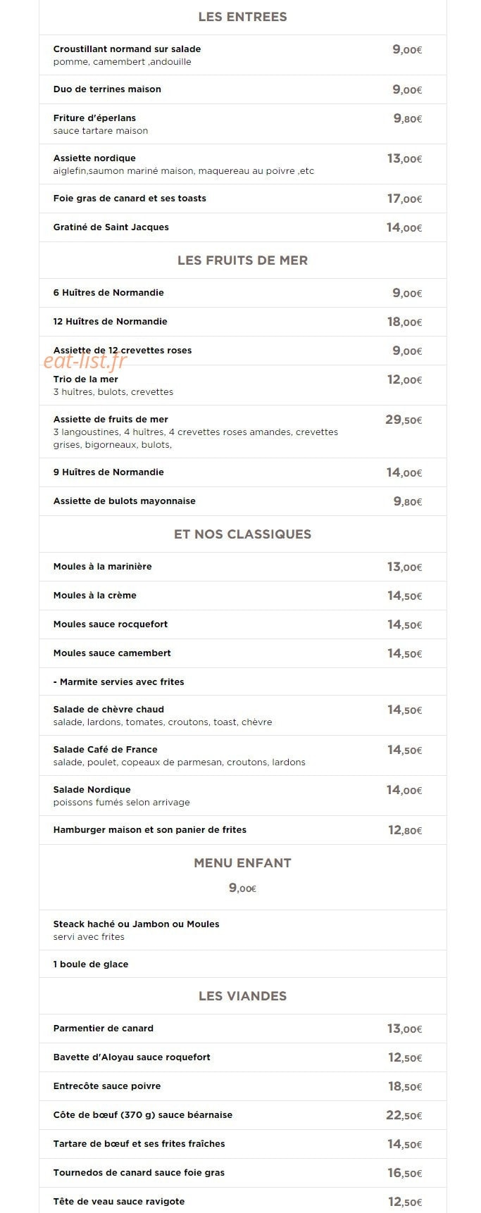 Carte et menu de Café de France à Villers sur Mer — Les entrées, fruits de mer, classiques,...