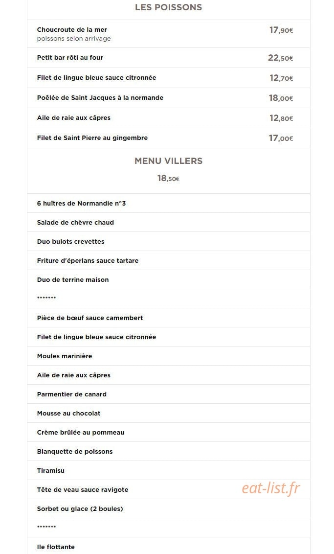 Carte et menu de Café de France à Villers sur Mer — Les poissons et menu villers