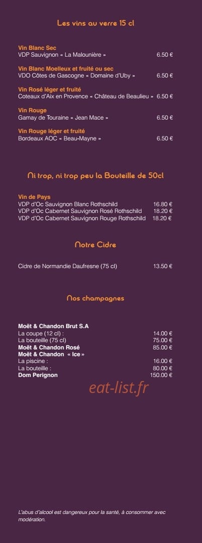 Carte et menu de La Digue de Villers à Villers sur Mer — Les vins en verre 15 cl, cidres et champagnes