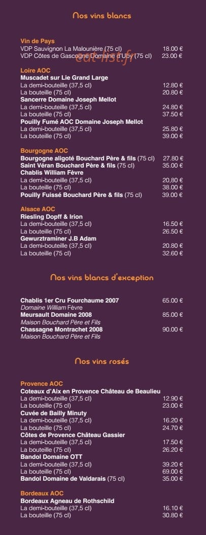 Carte et menu de La Digue de Villers à Villers sur Mer — Les vins blancs ,vins blancs d'exception et vins rosés