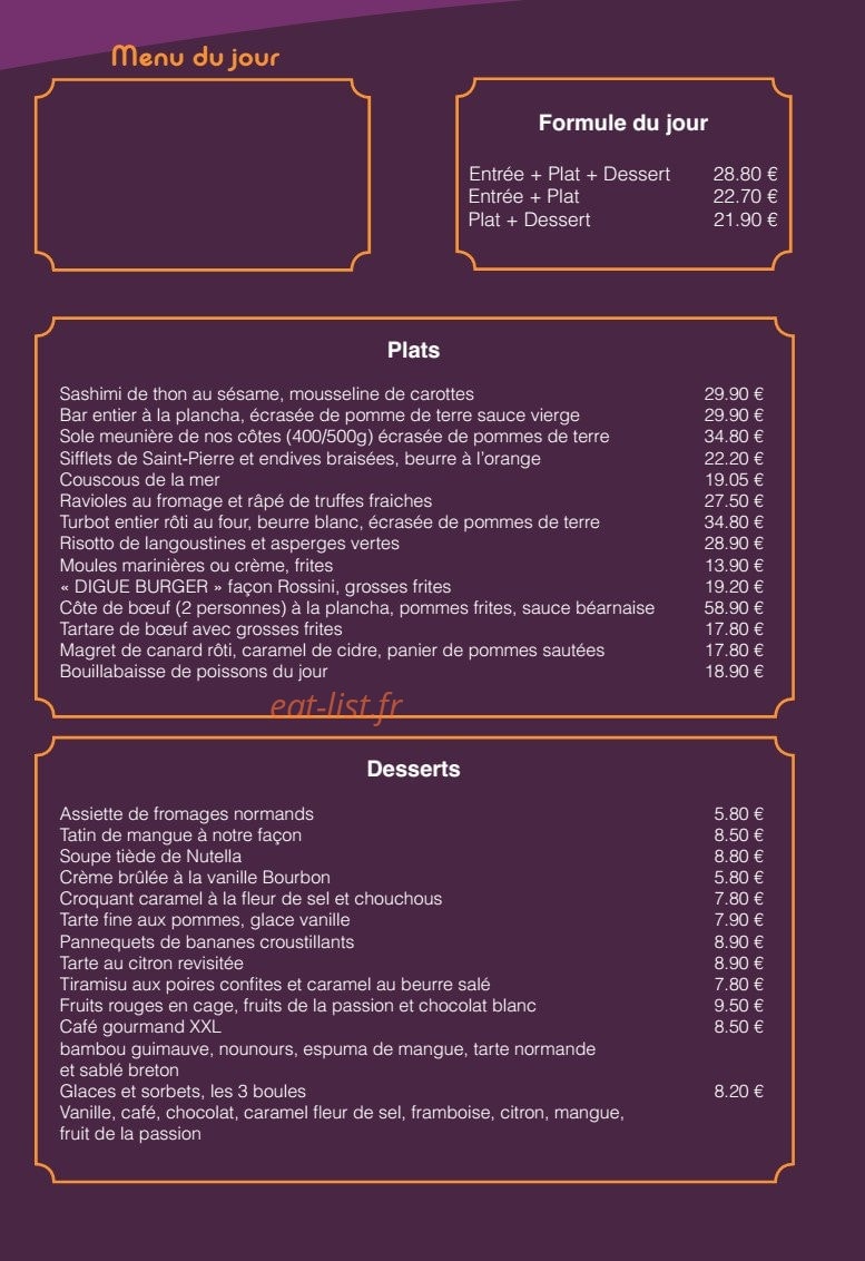 Carte et menu de La Digue de Villers à Villers sur Mer — Les menus, plats et desserts