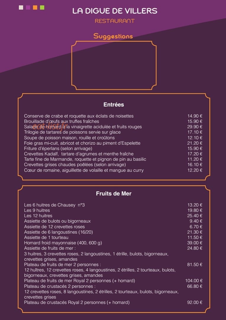 Carte et menu de La Digue de Villers à Villers sur Mer — Les entrées et fruits de mer