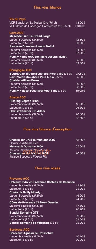 Carte et menu de La Digue de Villers à Villers sur Mer — Les vins rouges et vins rouges d'exception