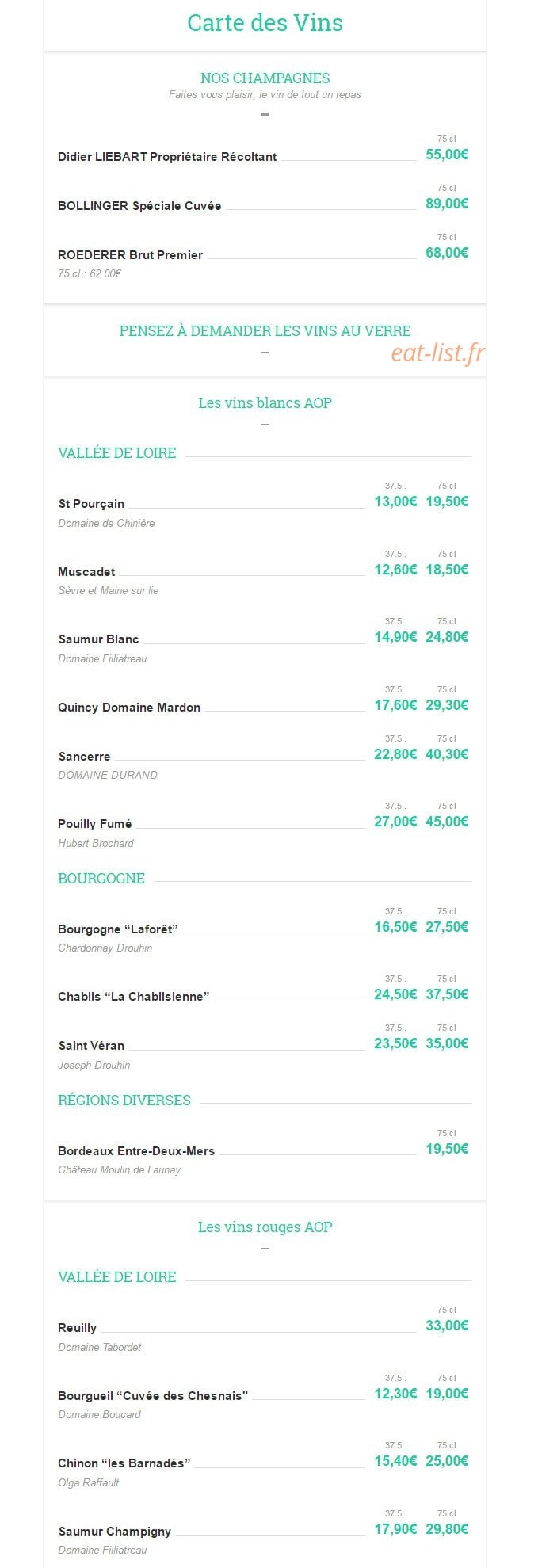 Carte et menu de Le Mermoz à Villers sur Mer — Les vins