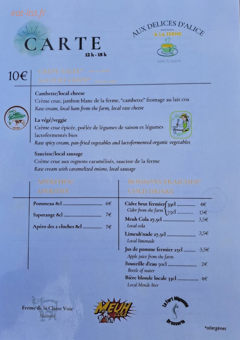 Carte et menu de Aux délices d'Alice à la ferme à Vierville sur Mer — La carte