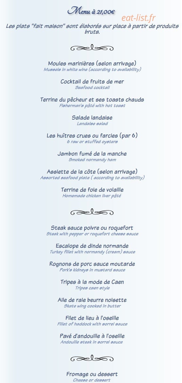 Carte et menu de La Taverne à Lion sur Mer — Menus à 21€