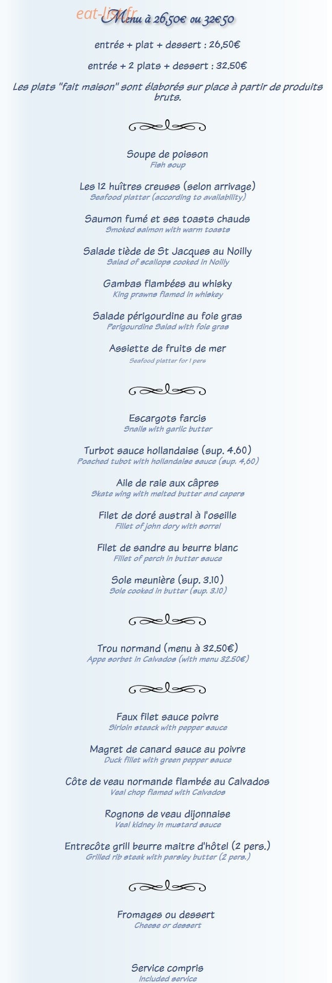 Carte et menu de La Taverne à Lion sur Mer — Menu à 26.5€ ou 32.5€