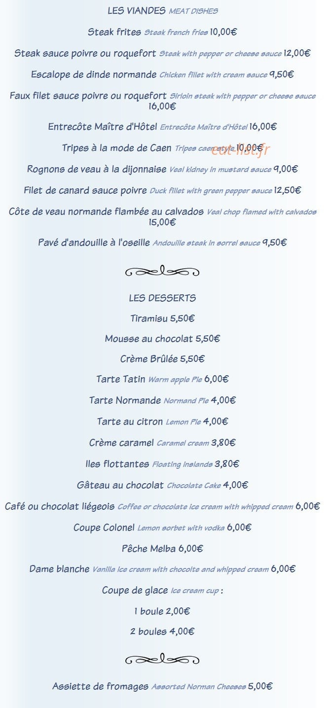 Carte et menu de La Taverne à Lion sur Mer — Viandes et desserts