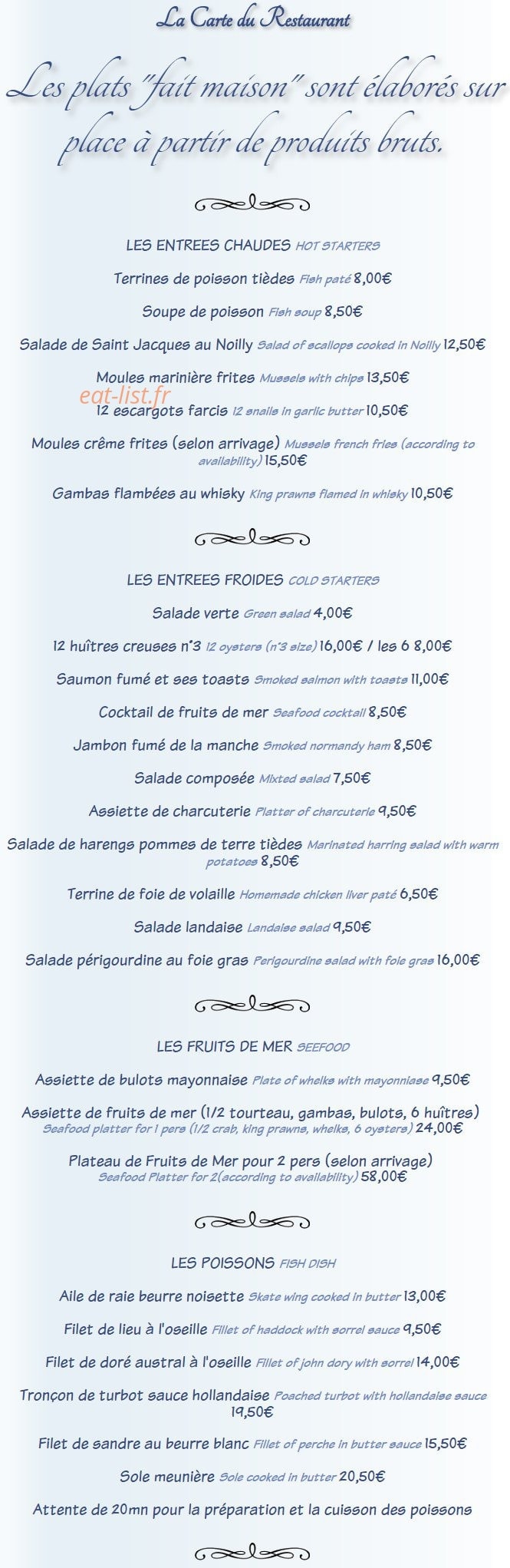Carte et menu de La Taverne à Lion sur Mer — Entrées, fruits de mer et poissons