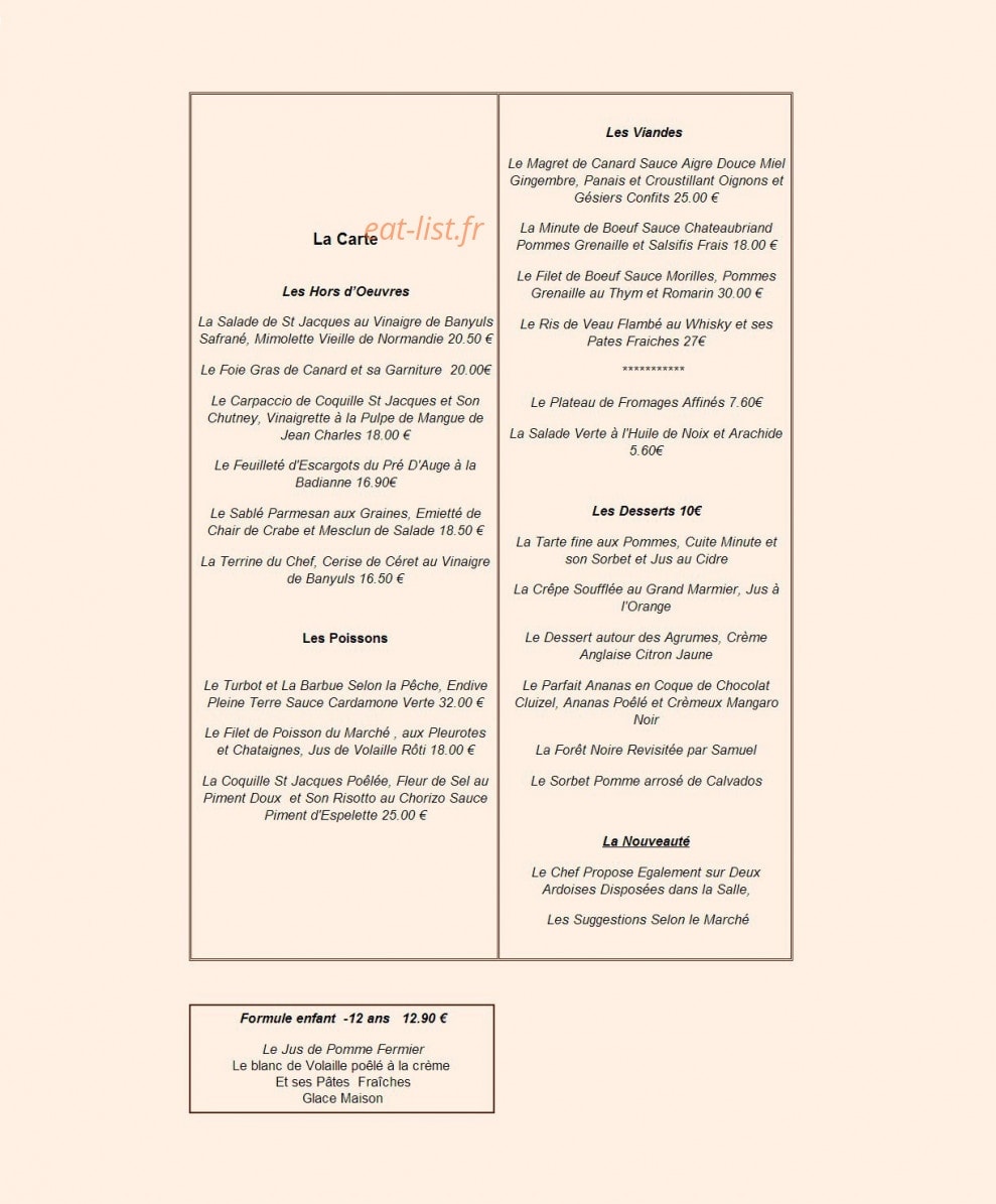 Carte et menu de Auberge du Vieux Tour à Canapville — Les hors d’œuvres, les viandes, les poissons...
