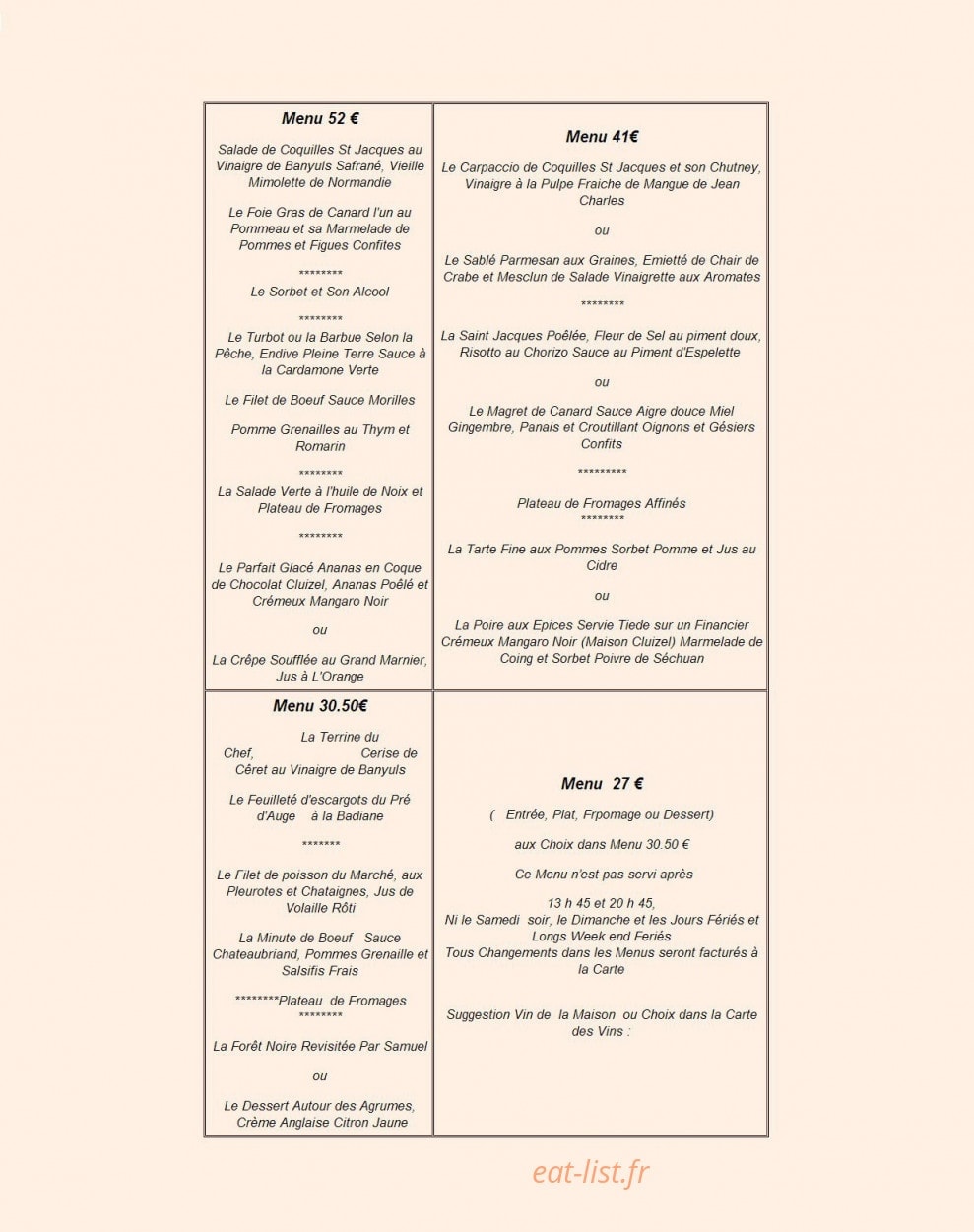 Carte et menu de Auberge du Vieux Tour à Canapville — Les menus