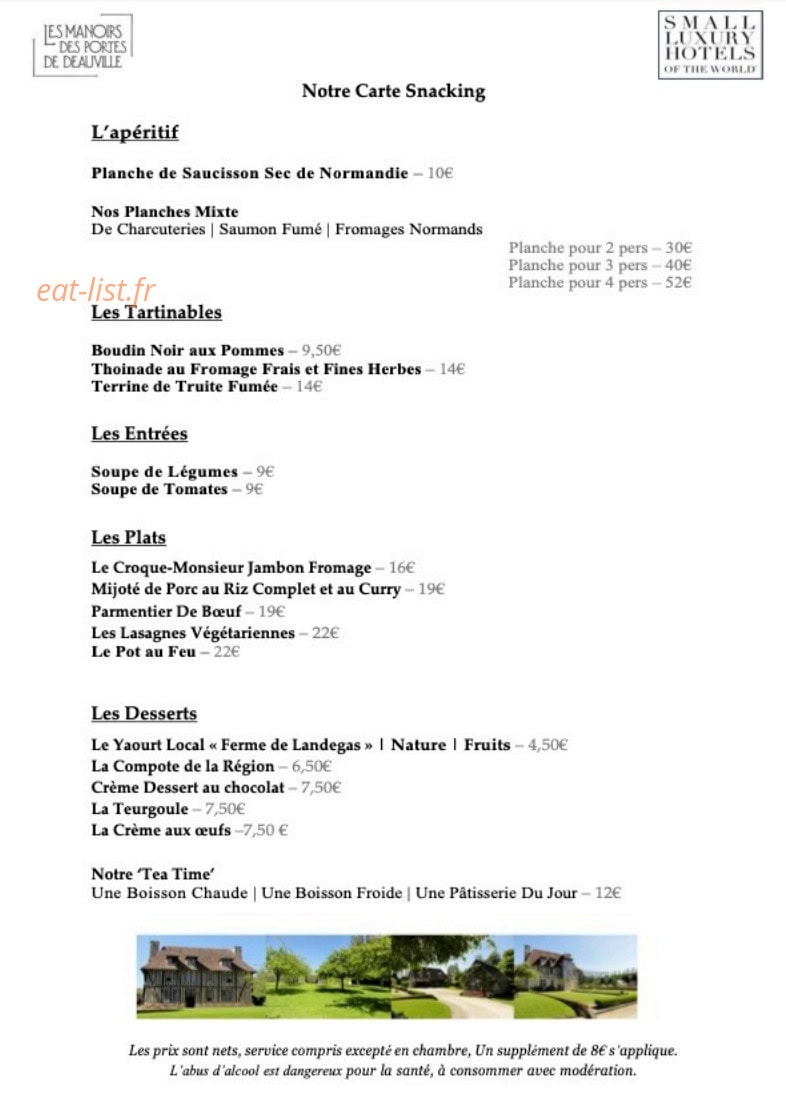 Carte et menu de Les Manoirs des Portes de Deauville à Canapville — La carte