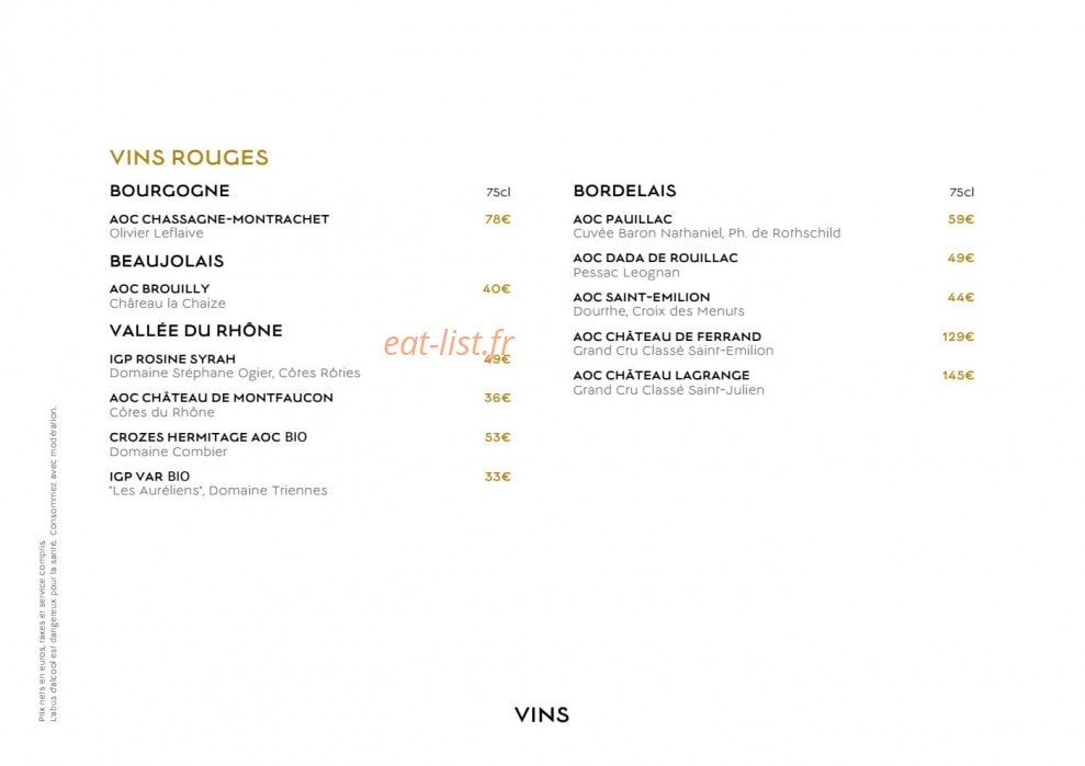 Carte et menu de La Folie Douce by Barrière à Deauville — Vins rouges