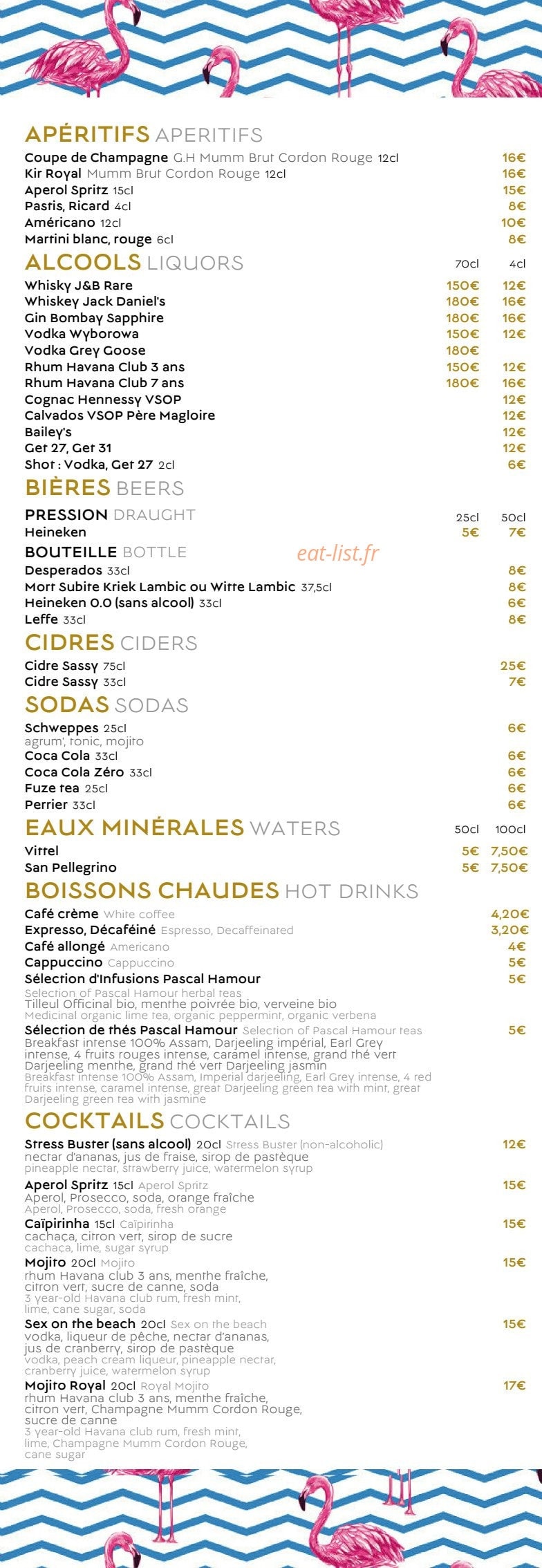 Carte et menu de La Folie Douce by Barrière à Deauville — Apéritifs, alcools, bières,...