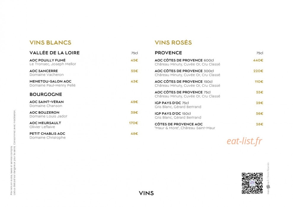 Carte et menu de La Folie Douce by Barrière à Deauville — Vins blancs et rosés